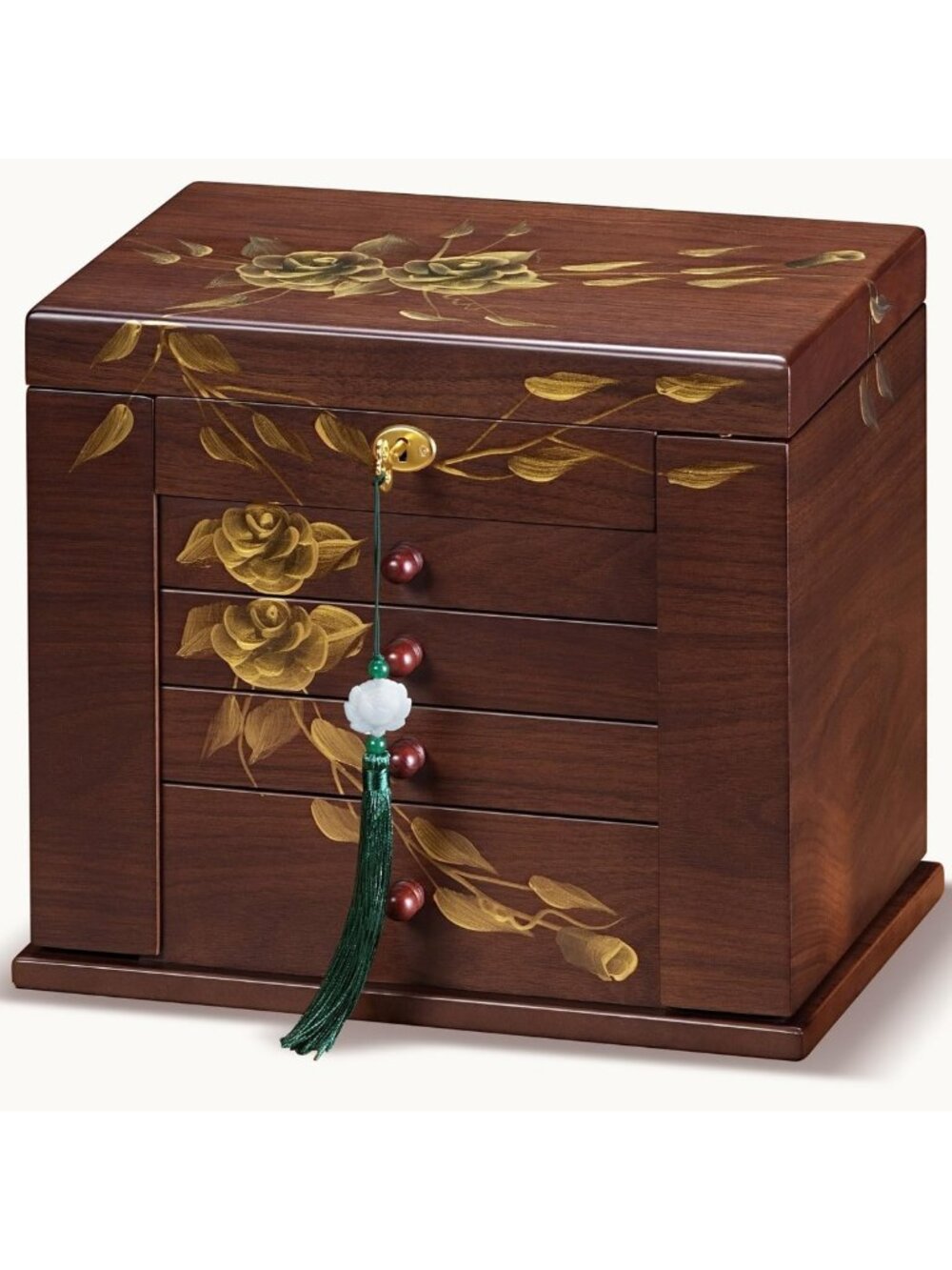 Hand-Painted Rose Wooden Jewelry Box - 8-Layer Lockable Organizer with